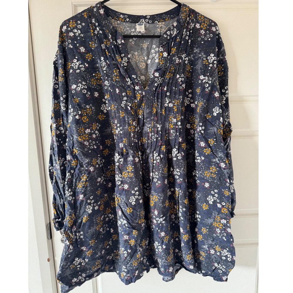 Old Navy sz XXL Womens Blue Floral Long Sleeve V-Neck Flowy Pin Tuck Blouse Boho - Picture 2 of 5